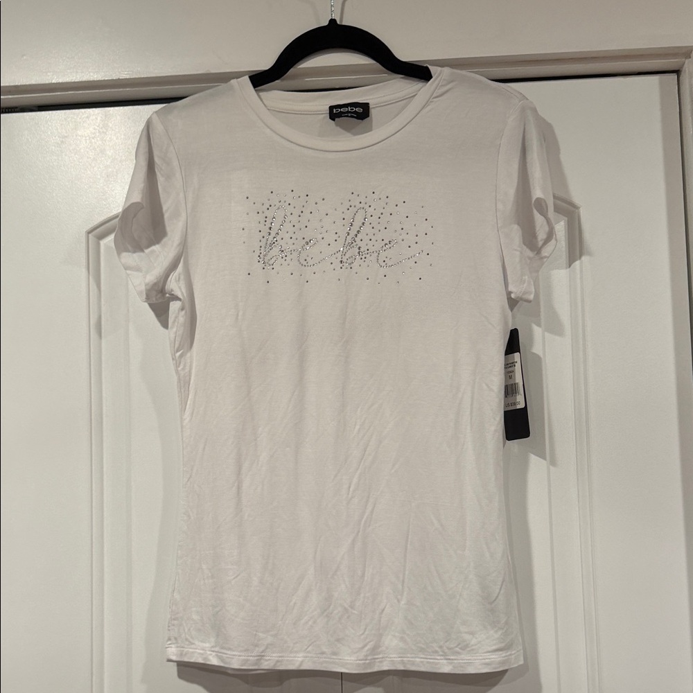 bebe White Short Sleeve Rhinestone Logo Tee medium‎ nwt